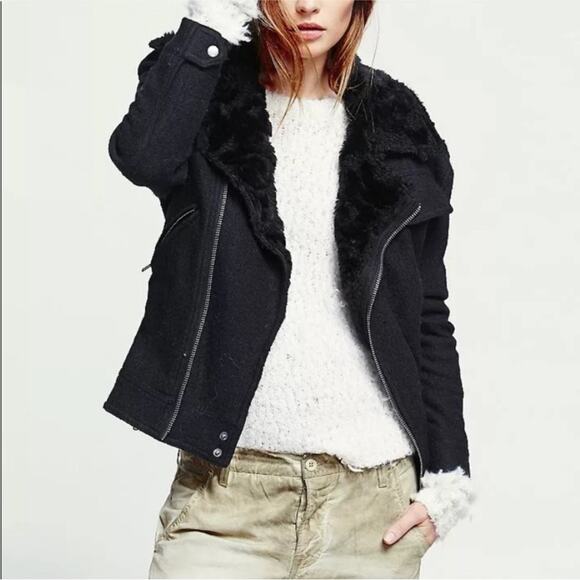 Free People Jackets & Blazers - Free People Black Simple Salute Wool Faux Fur Collar Moto Military Jacket S